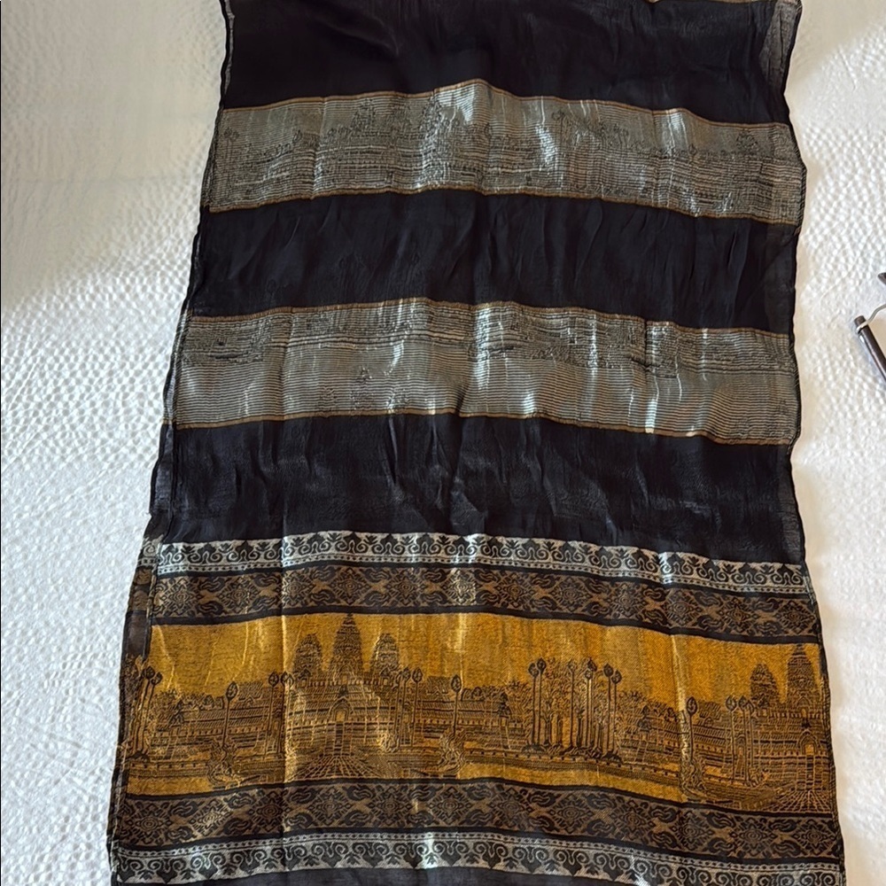 Silk Black and Gold Patterned Scarf